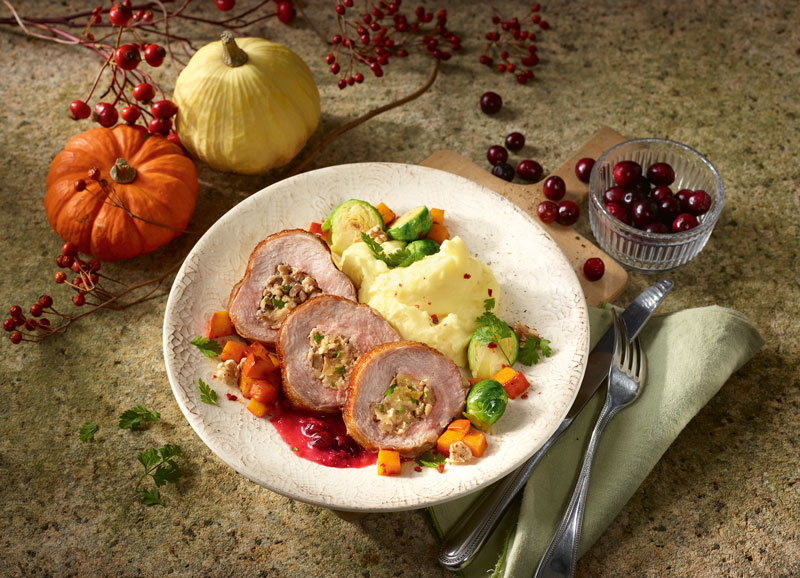 Putenkeulenbraten mit Kastanien-Brotfüllung